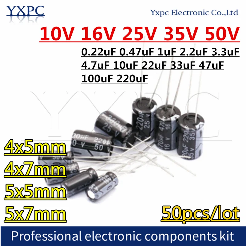 

50pcs 10V 16V 25V 35V 50V Aluminum electrolytic capacitor 0.22uF 0.47uF 1uF 2.2uF 3.3uF 4.7uF 10uF 22uF 33uF 47uF 100uF 220uF