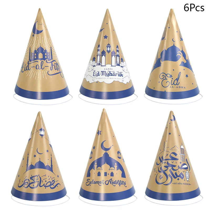 

6pc Eid Mubarak Props Paper Hat Kids Favor Photo Props Decoration Ramadan Islamic Muslim Festival Party Decor Eid AL Adha Supply