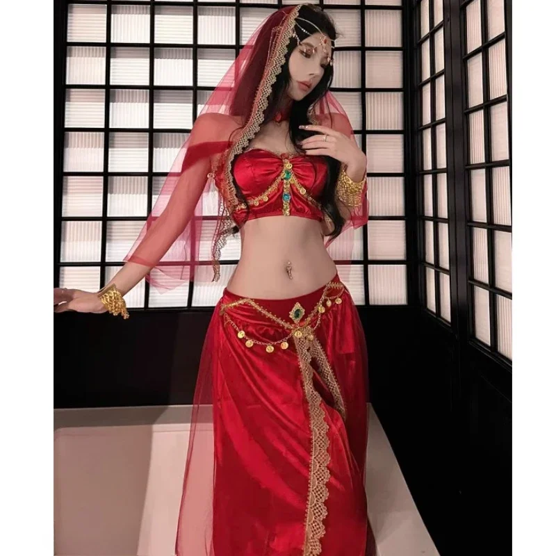 Фото Косплей Хэллоуин Фестиваль Арабский Косплей Костюм Принцессы Жасмин BellyDance Индийская Болливудная Вуаль Топ Брюки Египетская Королева №2