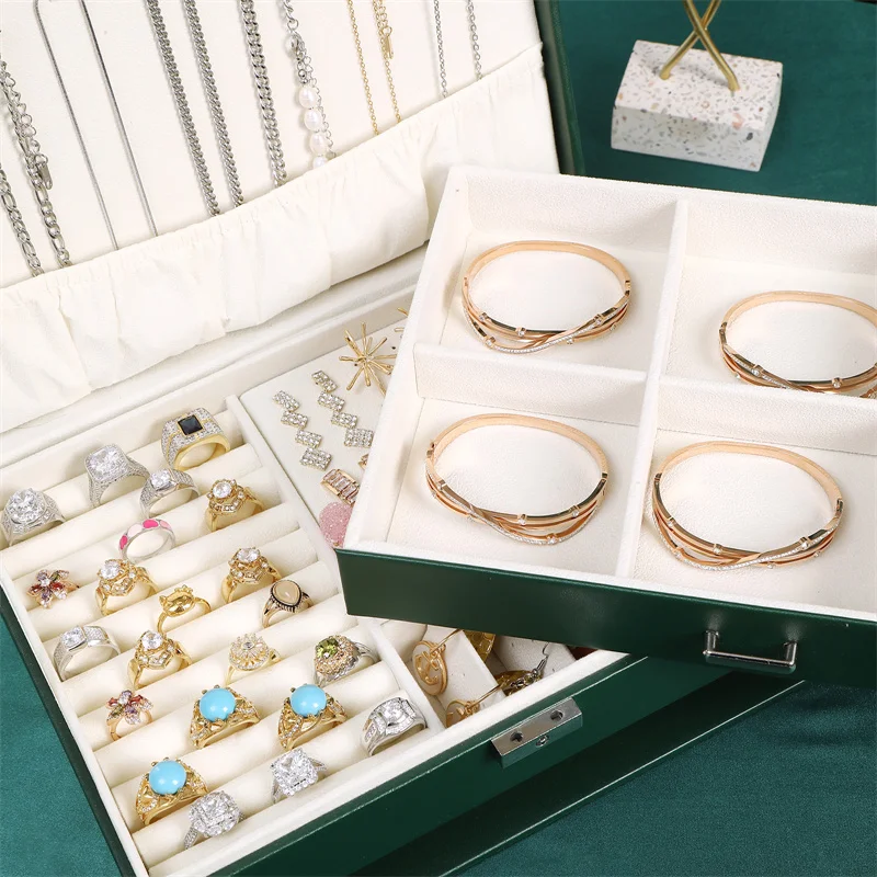 WEJEBOX New 2023 Green Exquisite Leather Jewelry Box for Women Travel Jewelry Organizer Necklace Earring Ring Storage Box gifts