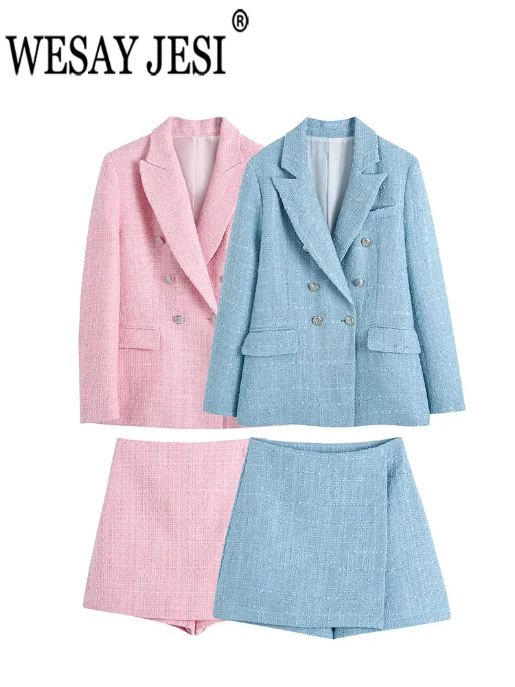 

WESAY JESI Fashion Women's Suits Double Breasted Blazer Textured Suit Coat + Slim Mini Skirt 2 Piece Sets Office Lady Clothing