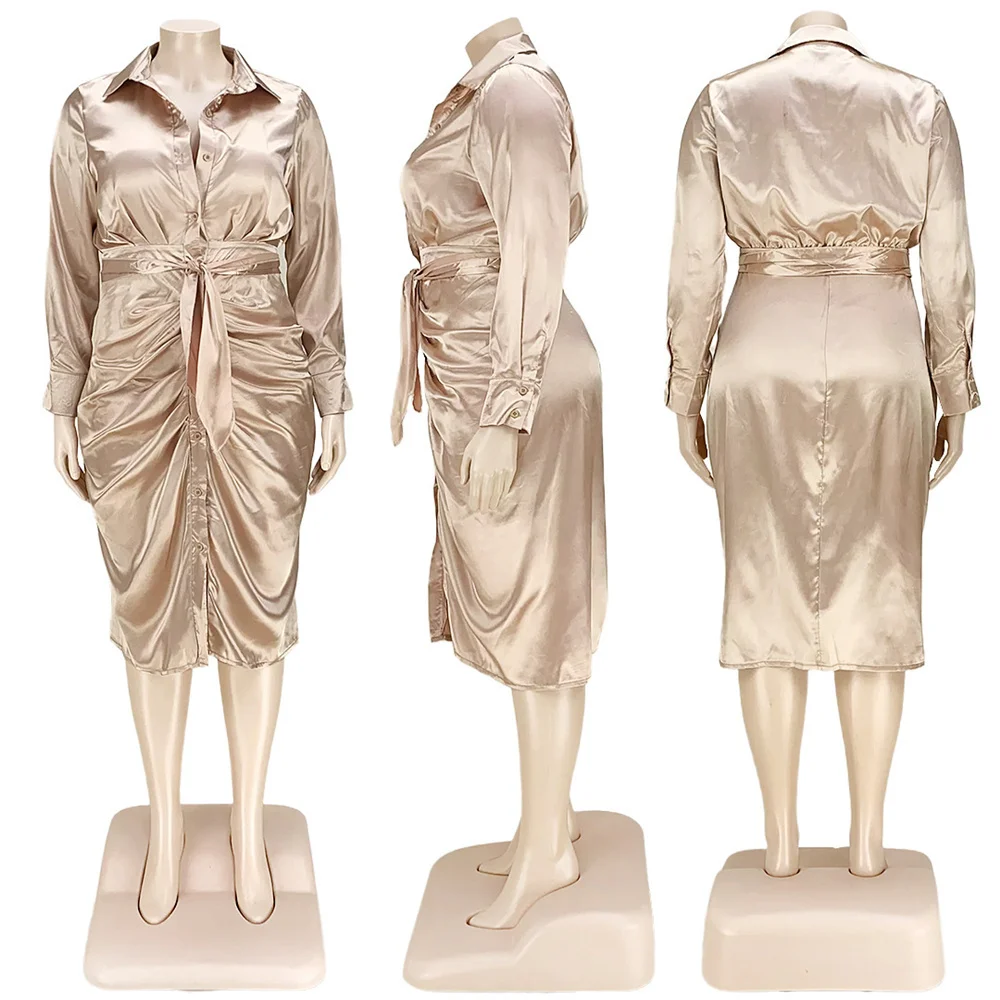 Plus Size Women's Dresses Women Solid Long Sleeve Bandage Draped Pleaped Sleeve Button Dress Office Lady Whol 3xl 4xl 5xl 6xl