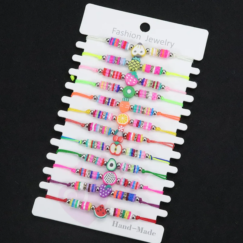 

12pcs/Set Polymer Clay Fruit Bracelets for Women Cartoon Cute Multicolour Braided Beads Strawberry Lemon Bracelet Set Jewelry