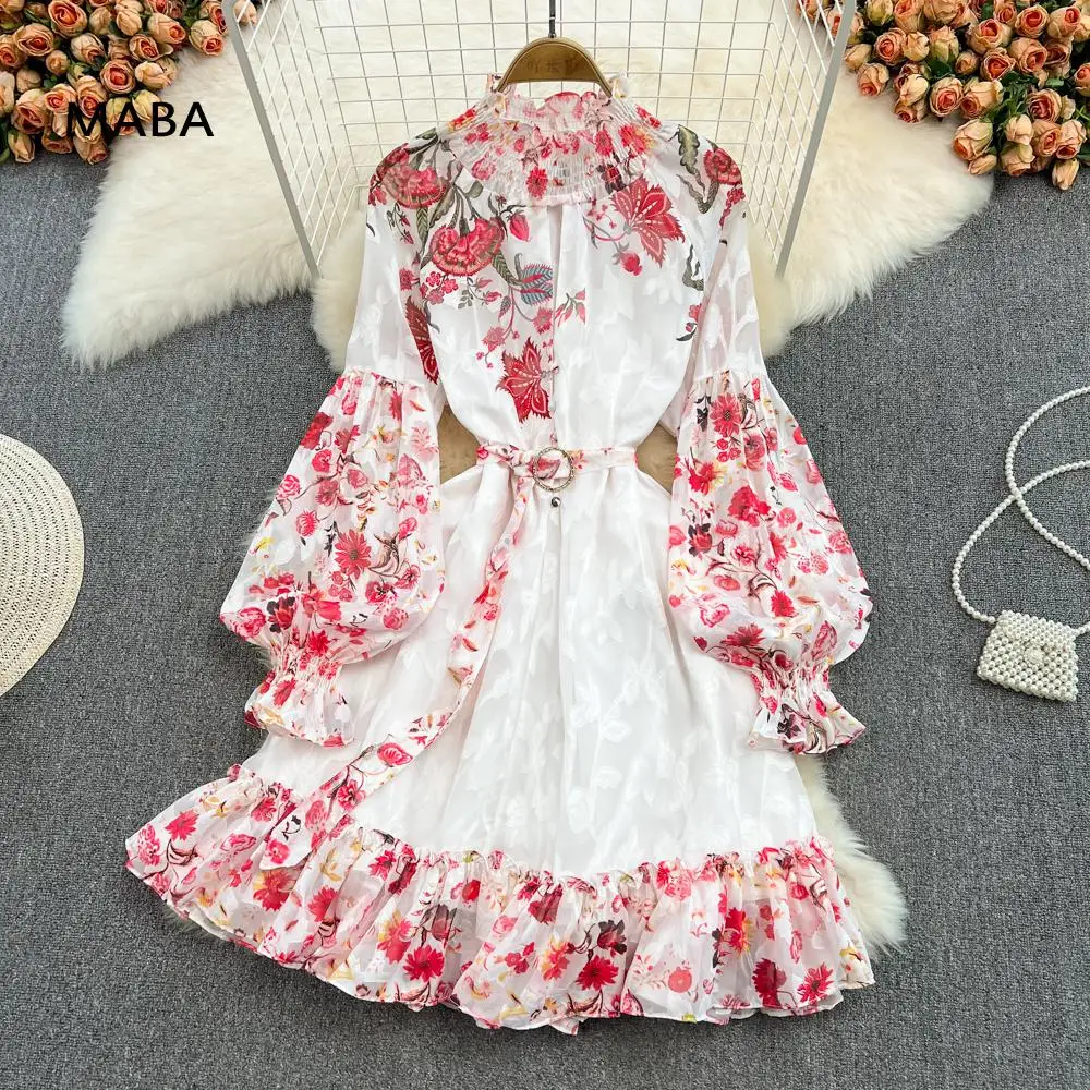 

Fashion Designer Palace Dress Women Stand Collar Lantern Sleeve Vintage Floral Loose Elegant Chic Formal Runway Short Dresses