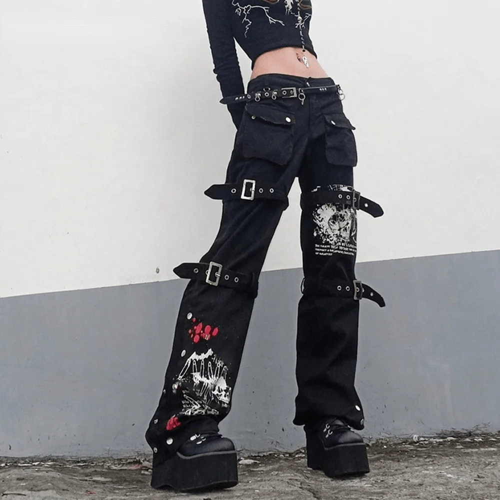

Y2k Gothic Emo Alt Cargo Pants Techwear Hip Hop Jeans Lazy Goth Punk Black Denim Trousers Streetwear Academic Low Waist Joggers