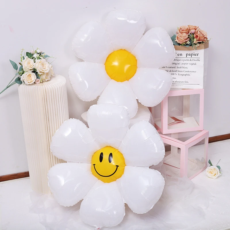 

Фольгированные воздушные шары со смайликами в виде маргариток, белые цветочные баллоны с гелием, украшения для свадьбы, дня рождения, вечер...