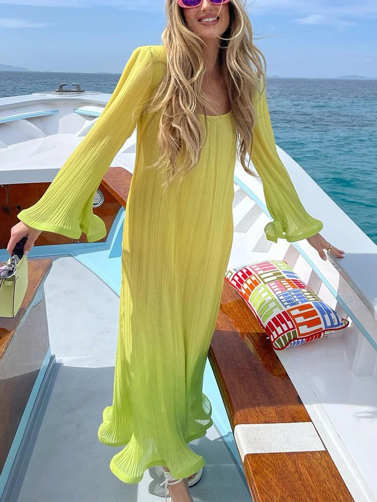 

Женское пляжное платье с U-образным вырезом и расклешенными рукавами, весеннее милое праздничное платье, модное индивидуальное необычное П...