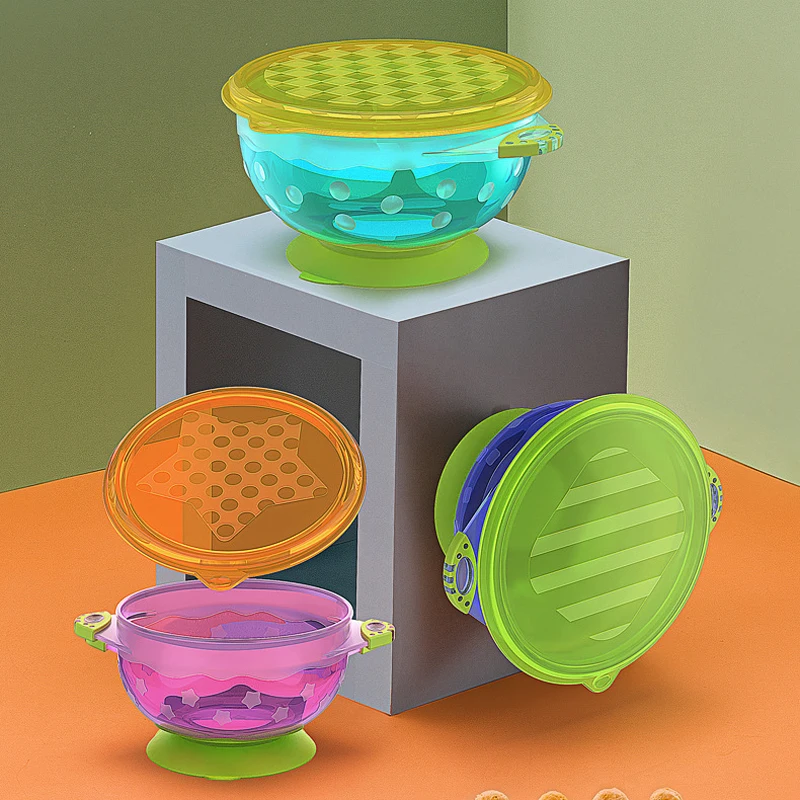 

Baby Portable Colorful Suction Cup Bowl With Lid Infant Food Feeding Spoon Fork Tableware Supplement Bowl Set