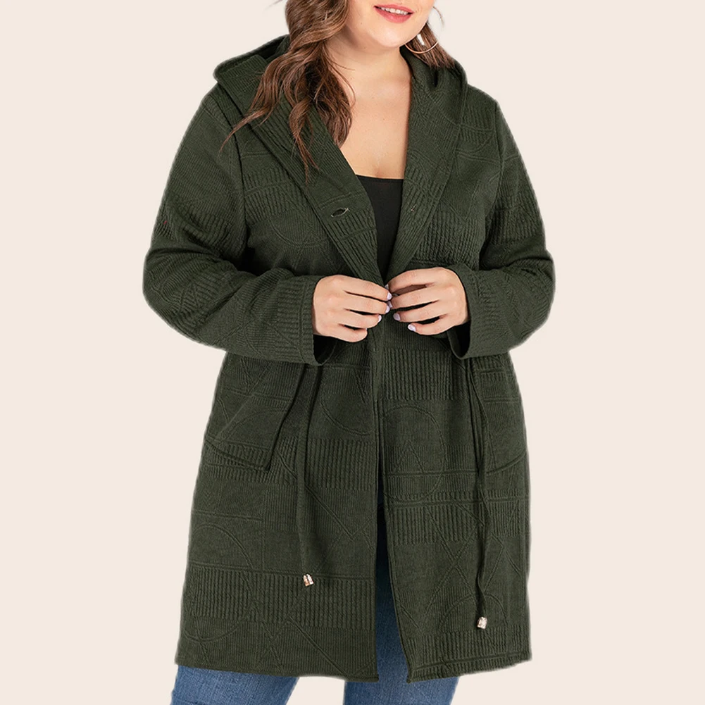 

Plus Size Women Hooded Elastic Waist Pocket Casual Long-Sleeve Jacket Coat Sweater Middle Length Autumn Winter Cardigan