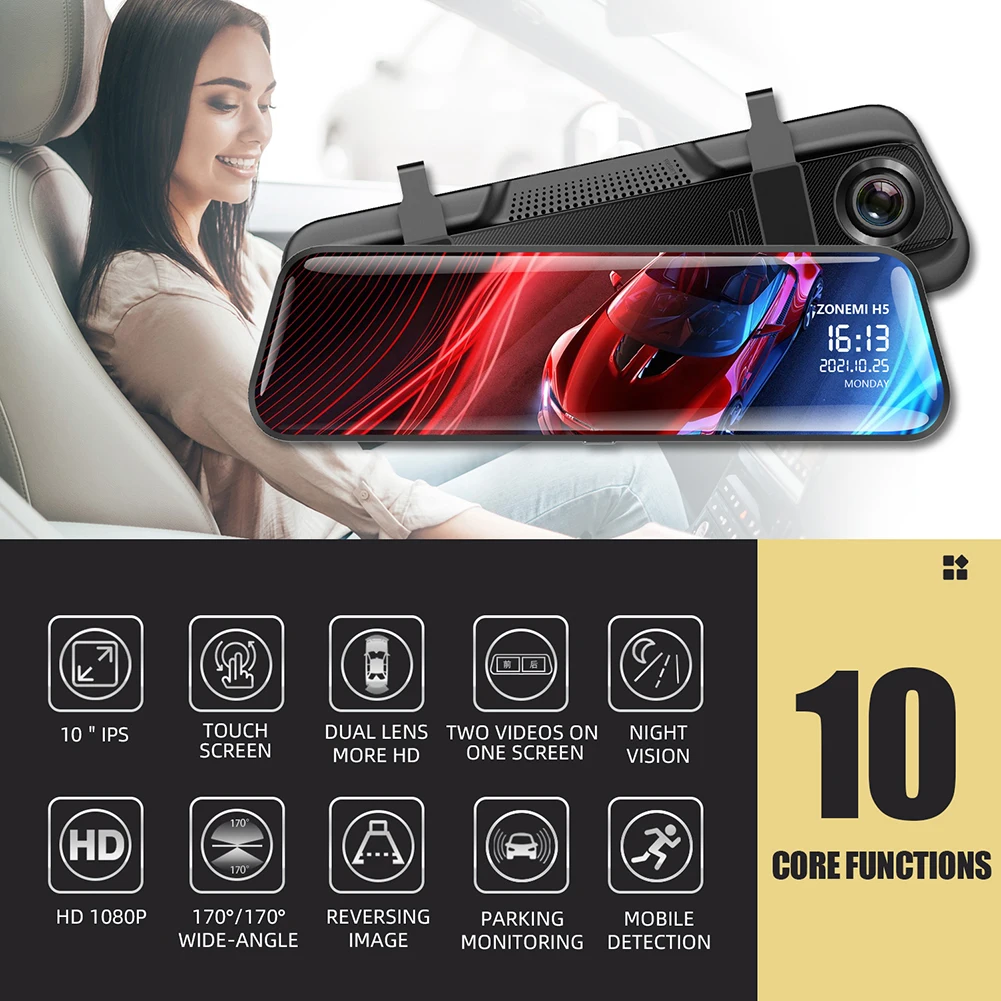 

Car Recorder Rearview Mirror Dash Cam Front Rear HD Full Touch Screen 170° Wide Angle Lens For Car Truck Auto Parking Monitor