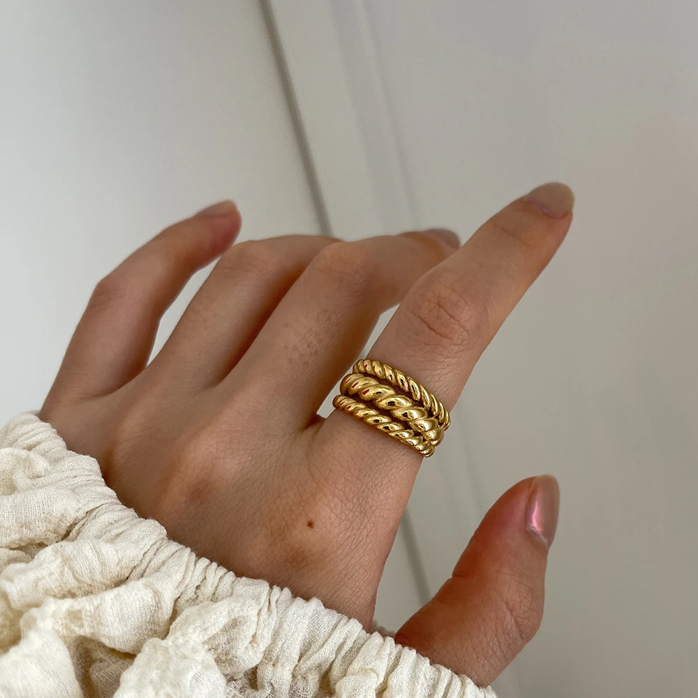 

Trendy Stainless Steel Waterproof Chic Three Layer Thread Bold Rings for Women Twisted Charm Statement Ring Jewelry Gift