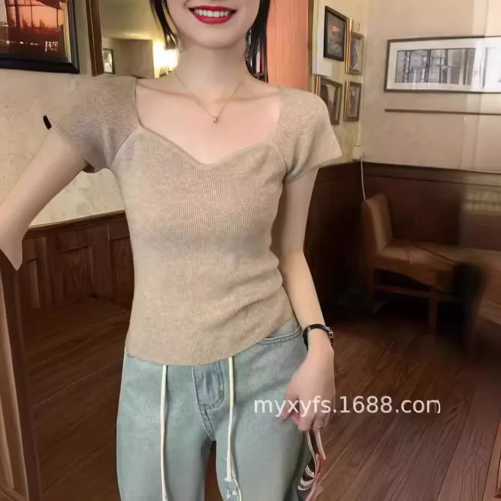 Разумный Женский трикотажный топ с V-образным вырезом и коротким рукавом