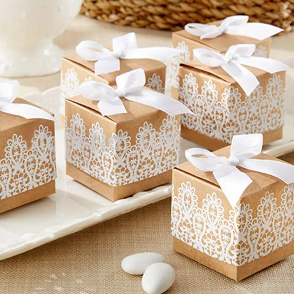 

10pcs Lace Bow Candy Boxes Wedding Gifts for Guests Chocolate Gift Packaging Box Bag Birthday Party Baby Shower Supplies