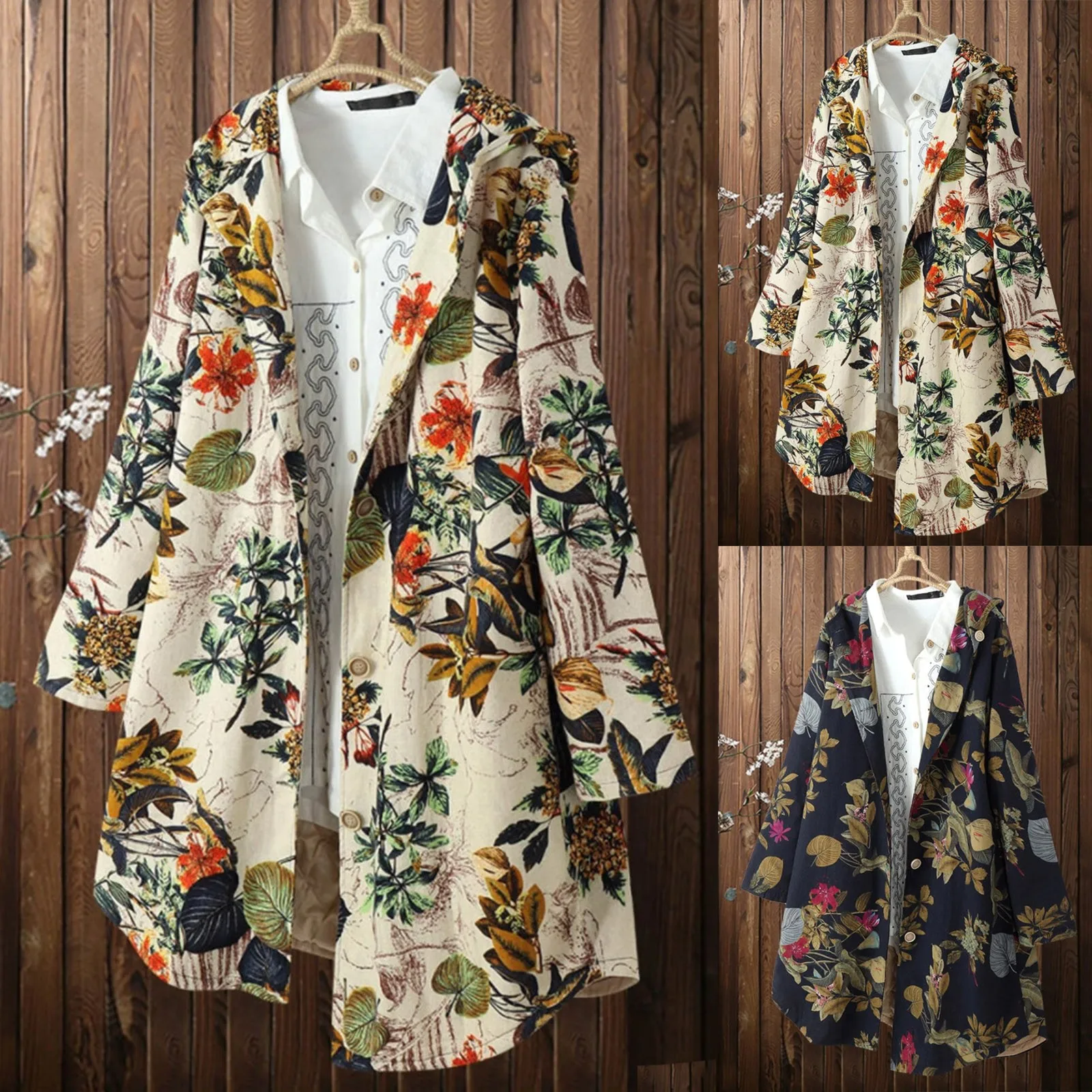 

Куртка женская с капюшоном и длинным рукавом, модная верхняя одежда в стиле бохо с принтом, из хлопка и льна, на пуговицах, модный подарок