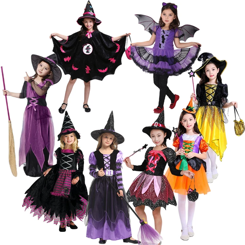 2023 Halloween Cosplay Witch Costume Baby Girls Children Carnival Party Infant Witch Fancy Dress Clothing Set Hat