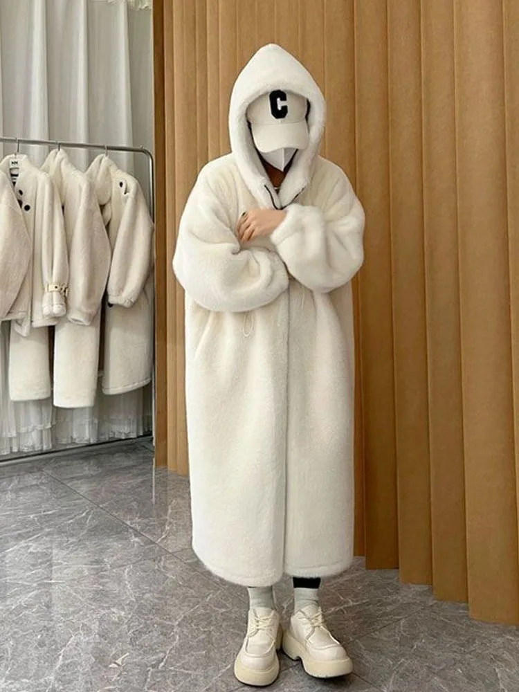 Длинное женское пальто с капюшоном из искусственного меха плотное бархатное