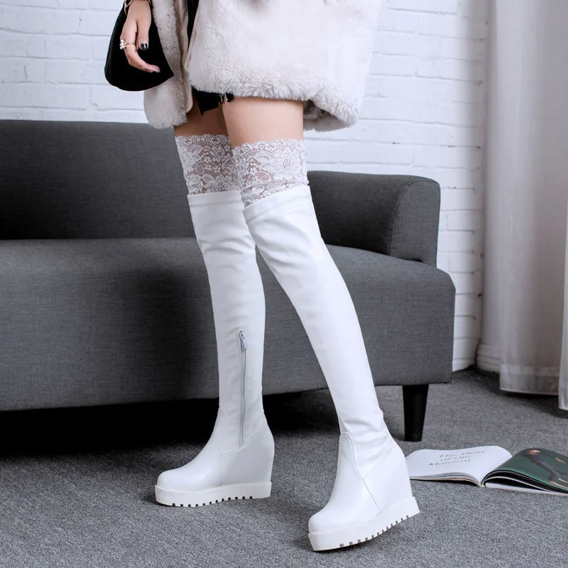 

Autumn and Winter New Flat Bottom Lace Edge White Over Knee Boots Slope Heel Plush High Tube Boots Side Zipper Women's Boots