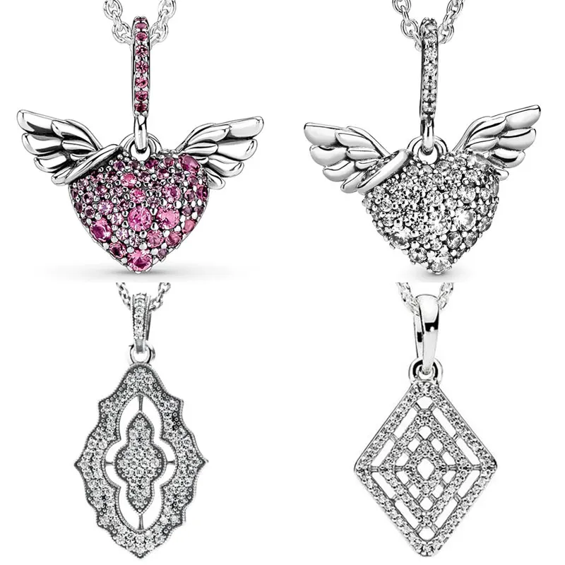 

Сверкающее сердце и крылья ангела, классическое кружевное геометрическое ожерелье, серебряное ожерелье для бусин pandora, очаровательные украшения «сделай сам»