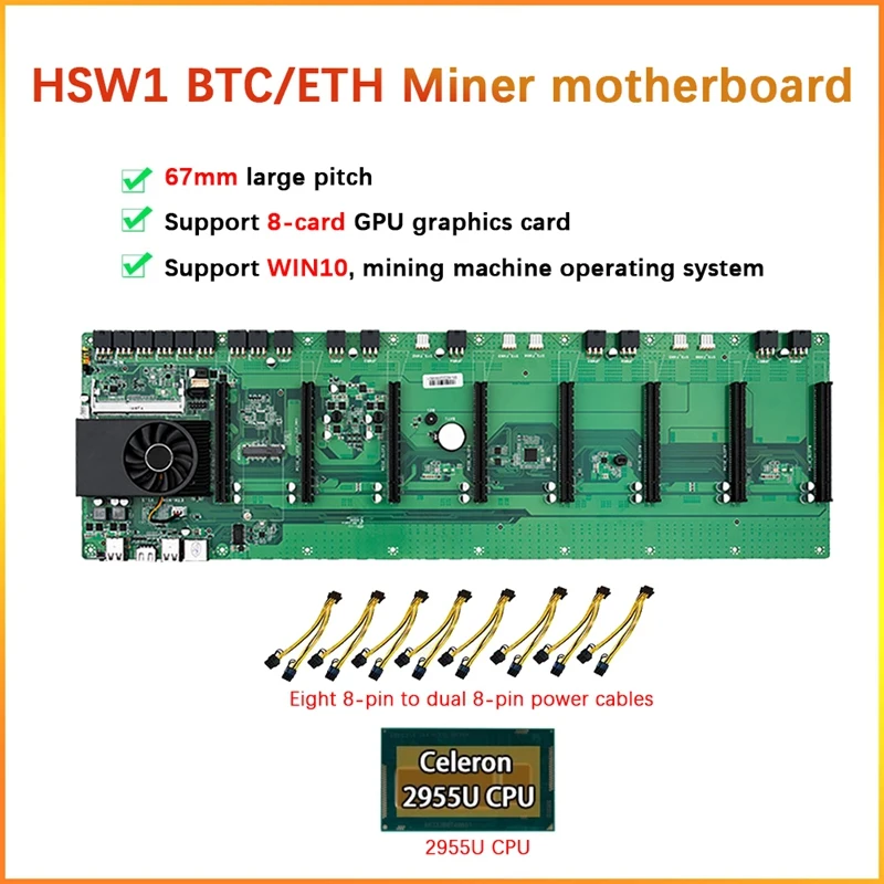 

HSW1 8 Card ETH/BTC Mining Motherboard+2955U CPU+Cooling Fan+8Xpower Cord HM77 67Mm 8PCIE X16 Slot DDR3 SODIMM RAM MSATA