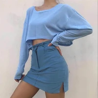 2021 new woman retro o neck cotton green black white blue thin hedging round neck loose long sleeved t shirt crop top women