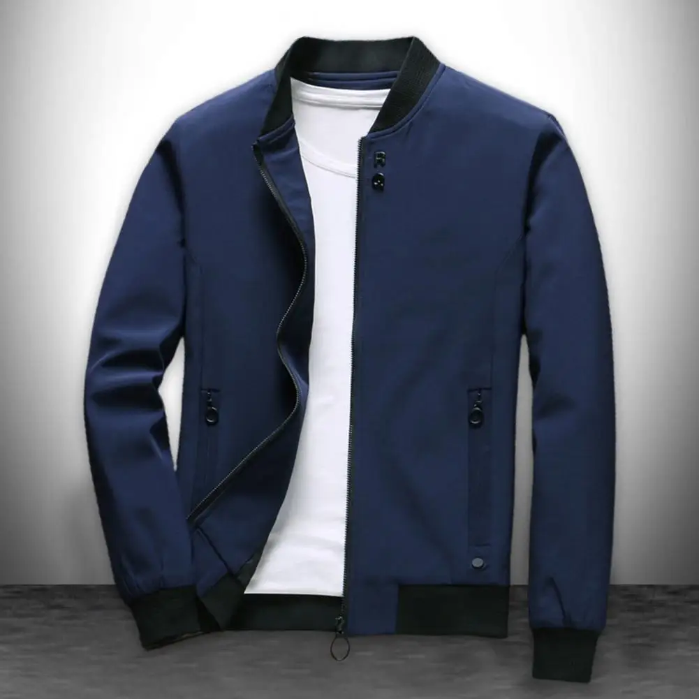 

Autumn Men Jacket Solid Color Stand Collar Long Sleeves Slim Fit Ribbed Cuff Baseball Coat Streetwear