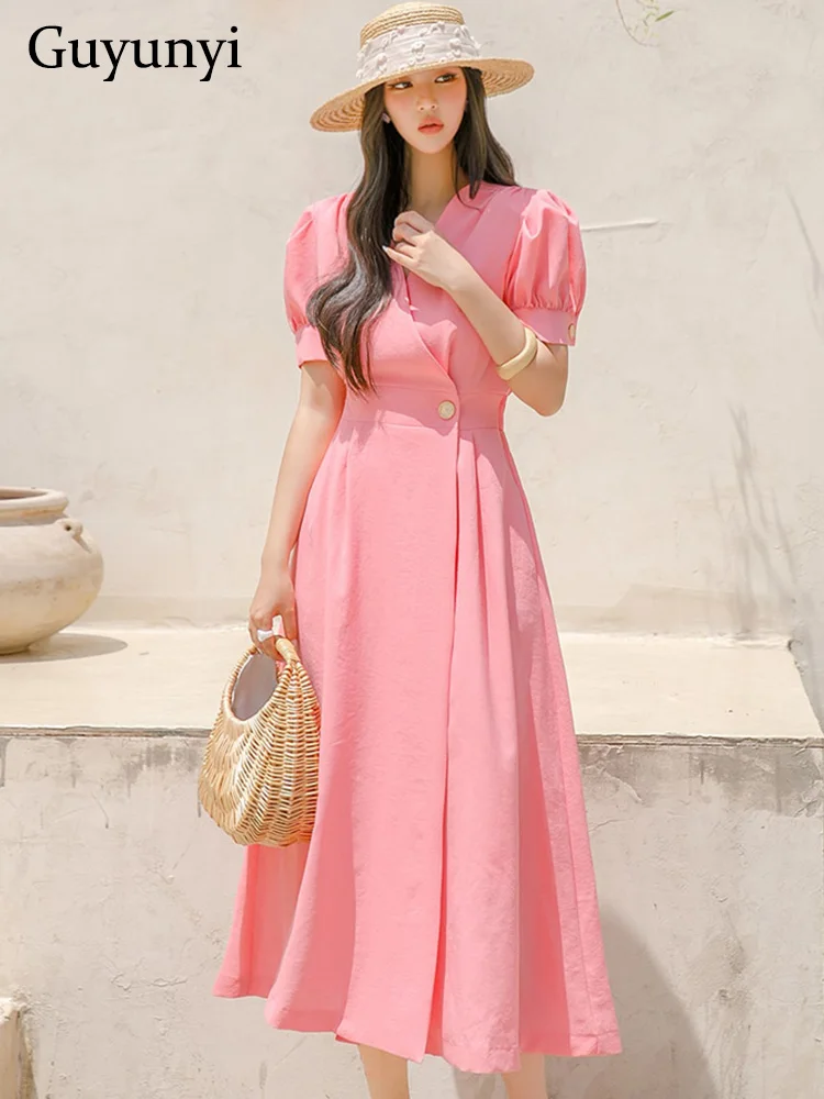 

Женское винтажное платье с пышными рукавами, розовое платье с V-образным вырезом, завышенной талией, пуговицами и широким подолом, элегантное праздничное платье, лето 2019