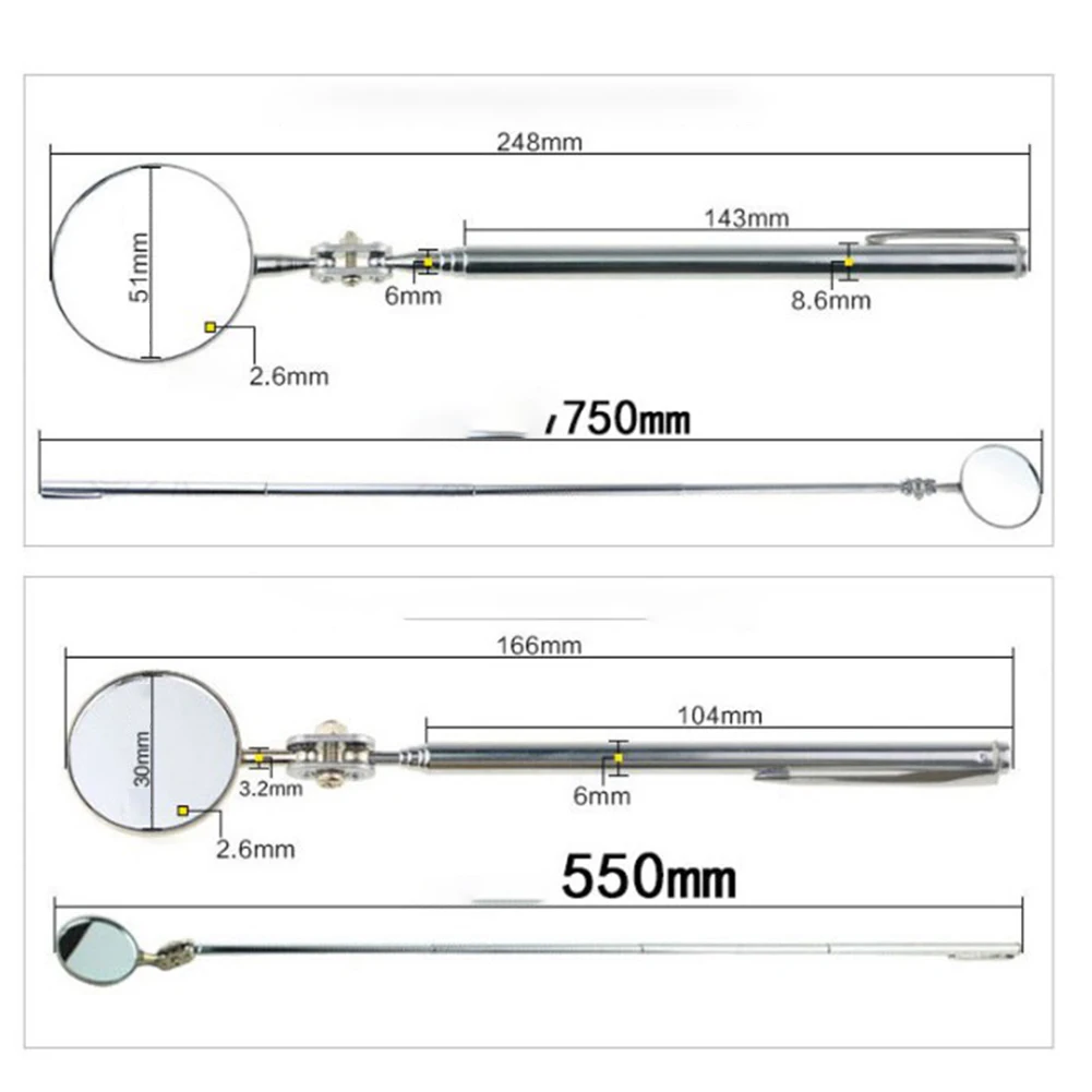 

55/75cm Car Telescopic Detection Lens Inspection Round Mirror 360 Repair Tool Stainless Steel Adjustable Length Inspection Mirro
