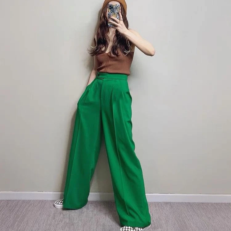 

2023 Summer Women Retro Korean Suits Female V-neck Sleeveless Vest Tops + High Waist Loose Pants Ladies Two Piece Sets E17