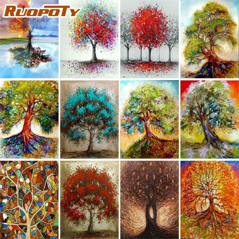 

RUOPOTY DIY Oil Painting Tree Scenery Pictures By Numbers Four Seasons Landscape Kits Drawing Canvas HandPainted Home Decoration