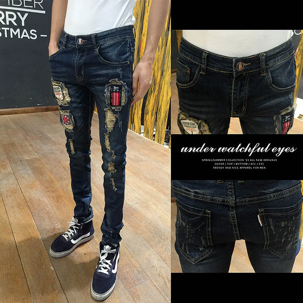 

New 2022 Fashion Teenagers Street Hip Hop Patch Men's Ripped Patch Denim Trousers Korean Beggar Slim-fit Pencil Jeans