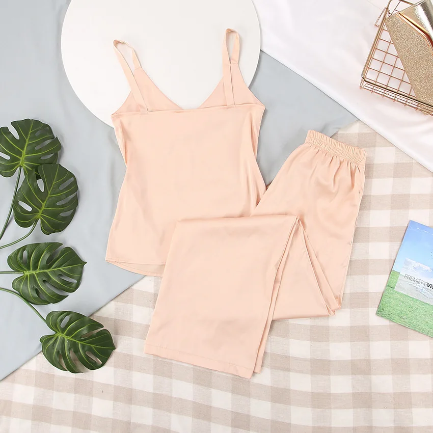 Pink Silk Pajamas Sets Womens Outfits Sleepwear 2 Piece Sets Womens Outfits Two Piece Set Sexy Sleepwear