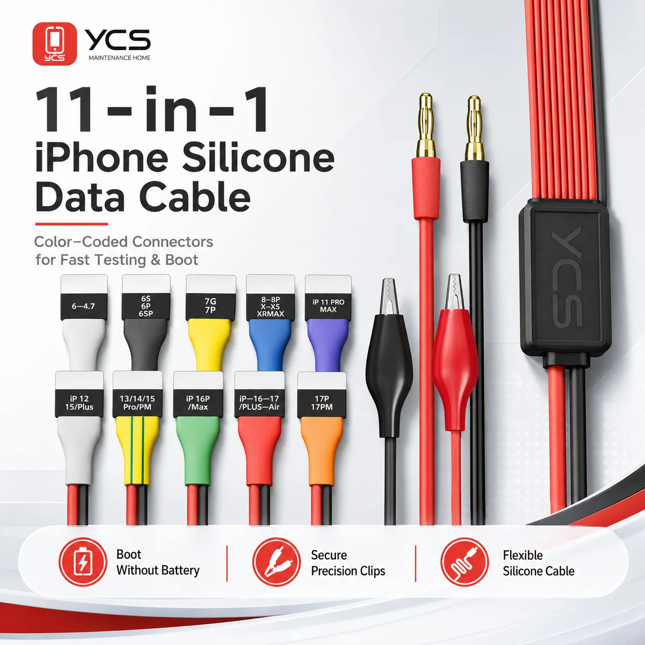Фото YCS D03 16-в-1 силиконовый кабель для зарядки iPhone и Android, цветной тестовый кабель с зажимами типа «крокодил» и инструментом для ремонта №1