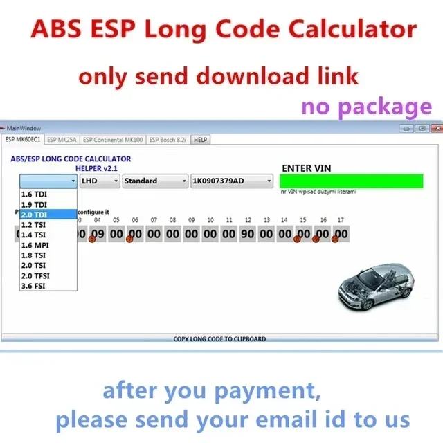 

Новый калькулятор длинного кода для VW ABS ESP Helper MK60EC1 ABS ESP Программное обеспечение для калькулятора длинного кода + неограниченное включение + установка видео