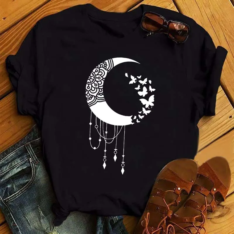 

2022 New Women T Shirt Moon Star Print Short Sleeve T-shirt Female Harajuku 90s Ulzzang Aesthetic Oversized Tees T-shirts Tops
