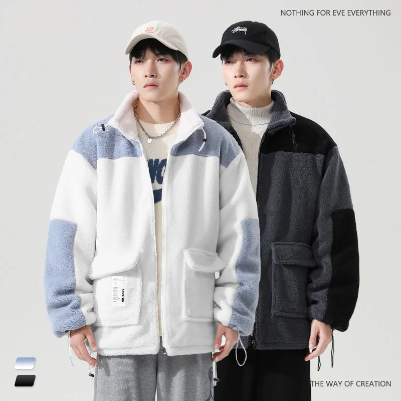Men Parkas Cashmere Jackets Winter Warm Casual Plus Velvet Polar Fleece Top Y2k Korean Trend Streetwear Couple Cotton Jacket