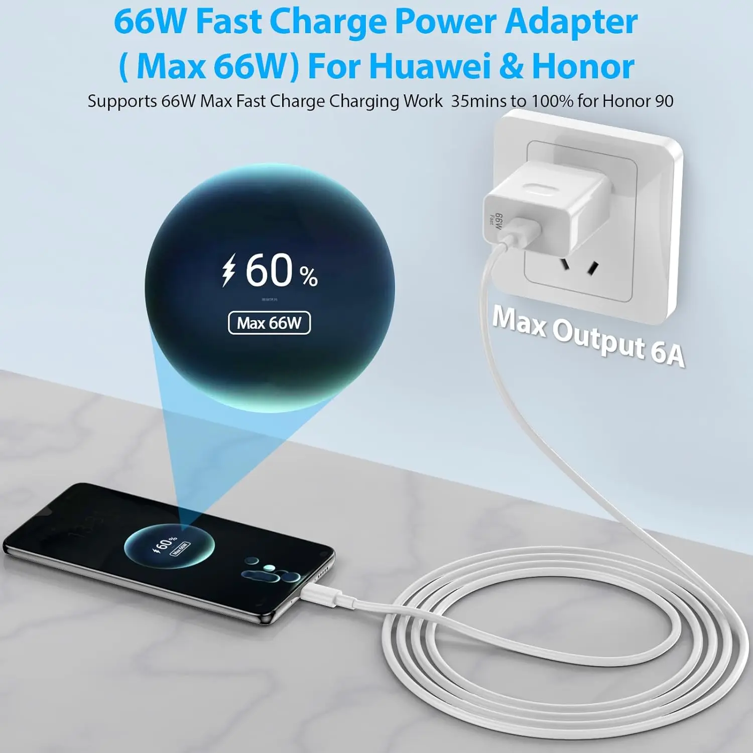 Оригинальное зарядное устройство HONOR 66W SuperCharge (версия для ЕС) с кабелем Type-C 1 м 6А для HONOR Magic 7, 8 Lite, Pro, X9d, X8d, 600, 400 серии (art.: 3920dc252b1ab) - 3920dc252b1ab