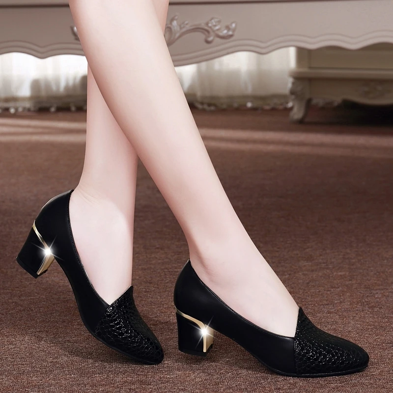 

Women Fashion White Pu Leather Slip On High Heel Shoes For Office Classic Black Spring Shoes FDC7033