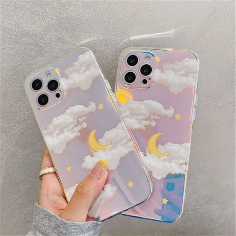 

Holographic Aesthetic Cute Moon Stars Clouds Patterns Phone Case for iPhone12 11 13 13pro max XR XS Iridescent Laser Case Cover