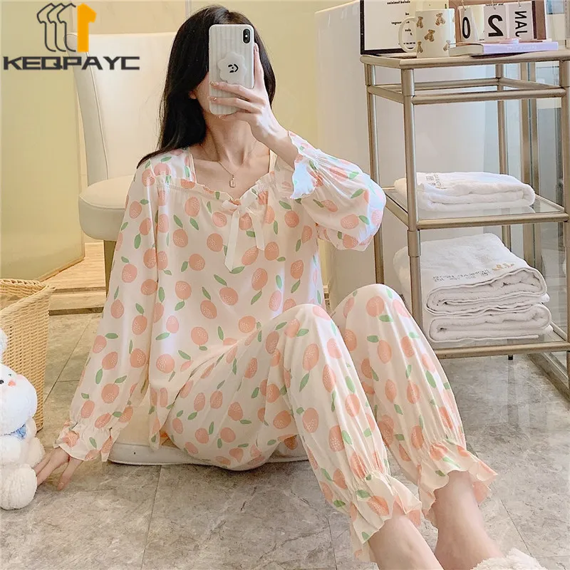 Women's Pajamas New Spring Autumn Long Sleeve Thin Loose Home Wear Sleepwear Women Floral Print Casual Nightwear Clothing Sets