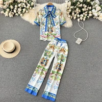 spring new style temperament bow tie print shirt womens straight casual pants 2 piece set