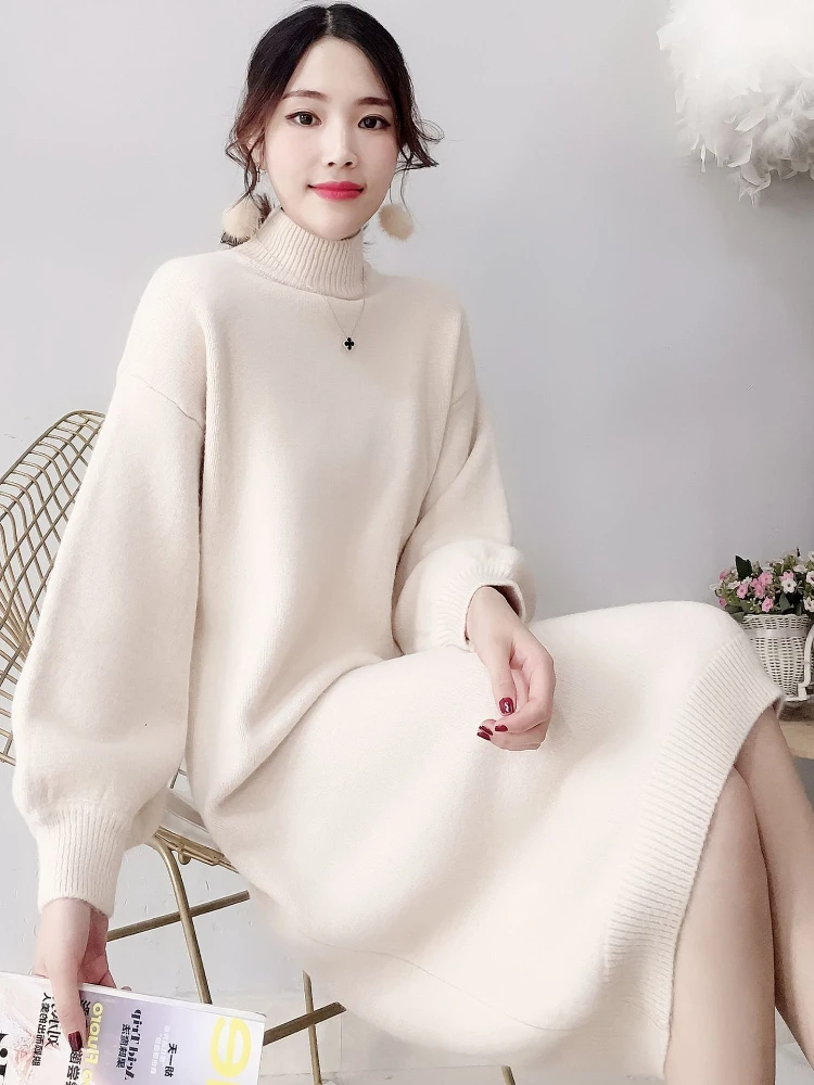 

Autumn Winter New Long-sleeved Dress Turtleneck White Sweater Women's Long Over-the-knee Knitted Dress Elegant Women's Sweater