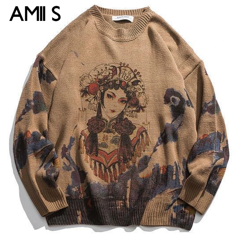 

Осенне-зимние мужские свитера, повседневные Мультяшные хлопковые теплые пуловеры, винтажная уличная одежда в стиле хип-хоп, Свободный вяза...