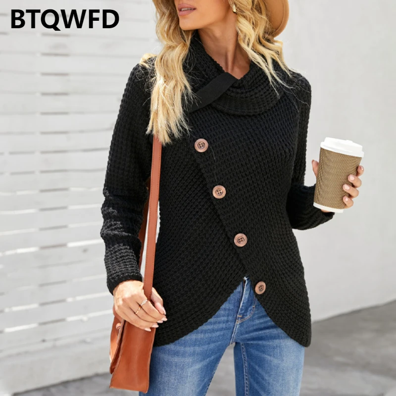 

Women's Sweater Turtleneck Fashion 2022 New Ladies Clothing Autumn Winter Long Sleeve Asymmetrical Button Knitting Female Coats