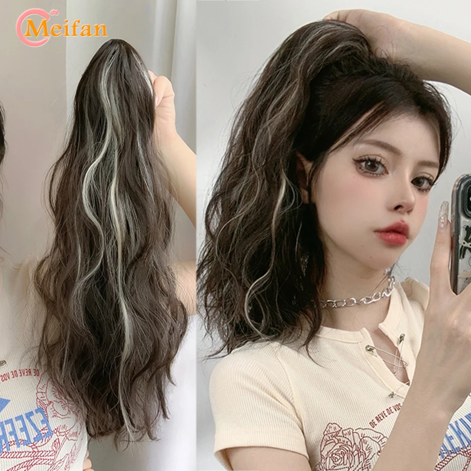 MEIFAN Synthetic Long Wavy Curly Claw Clip On Ponytail Hair Extension Natural Fake Hairpiece Ombre Highlight Pink Blue Ponytail
