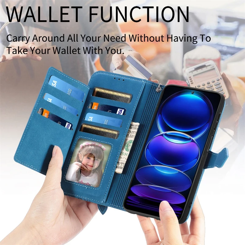 Магнитный кожаный чехол для телефона с молнией и множеством карманов для карт и ремешком на запястье для Xiaomi Redmi 10 9T Note12 11 Pro 9S 8T 7 6 4.