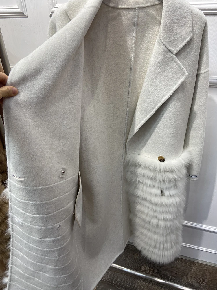 Роскошное Женское зимнее теплое шерстяное пальто из натурального Лисьего меха