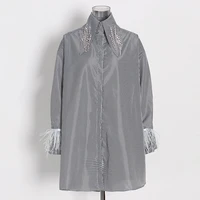 2022 new autumn and spring turn down collar full sleeves fur patchwork striped gray color single breasted blouse