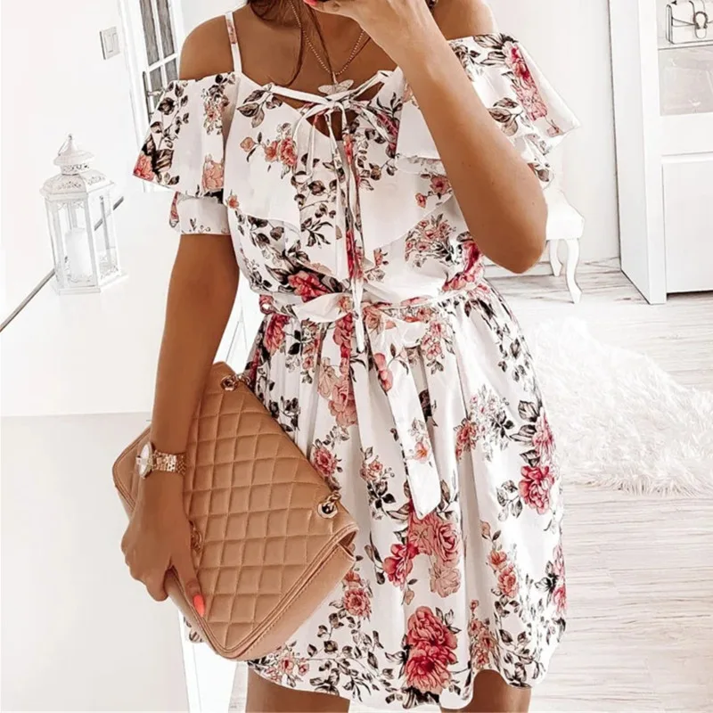

Sexy Women Summer Print A-Line Dress for Streetwear Bandage Design Ruffles Decor Sling V-Neck Short Sleeve High Waist Slim Dress