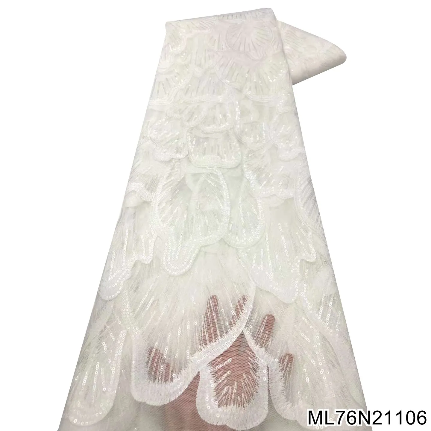 2022 New White Tulle Lace Fabric with Sequins African Lace French Embroidery 5 Yard Net Lace for Wedding Dress ML76N211