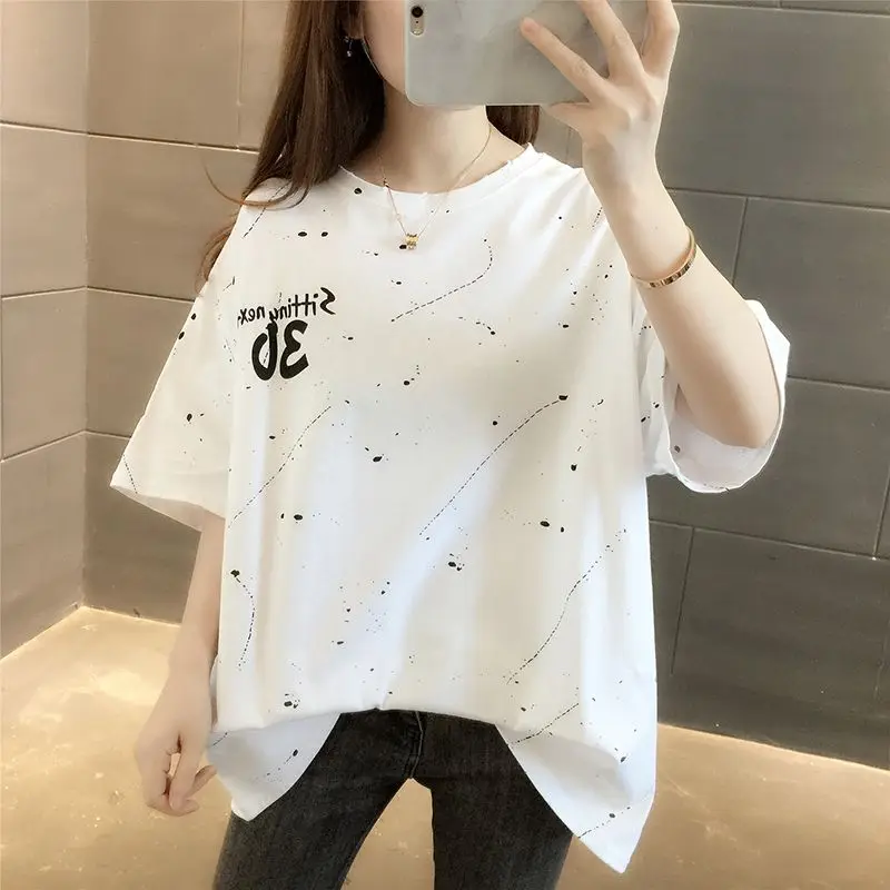 

Summer New Letter Printing Tops Tees Round Neck Short Sleeve Loose Pullovers Casual Fashion Women Clothing
